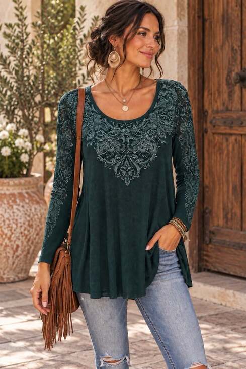 One World Tops - One World 2X Green Boho Tunic Length 3/4 Sleeve Top Thermal Waffle Knit Embellis